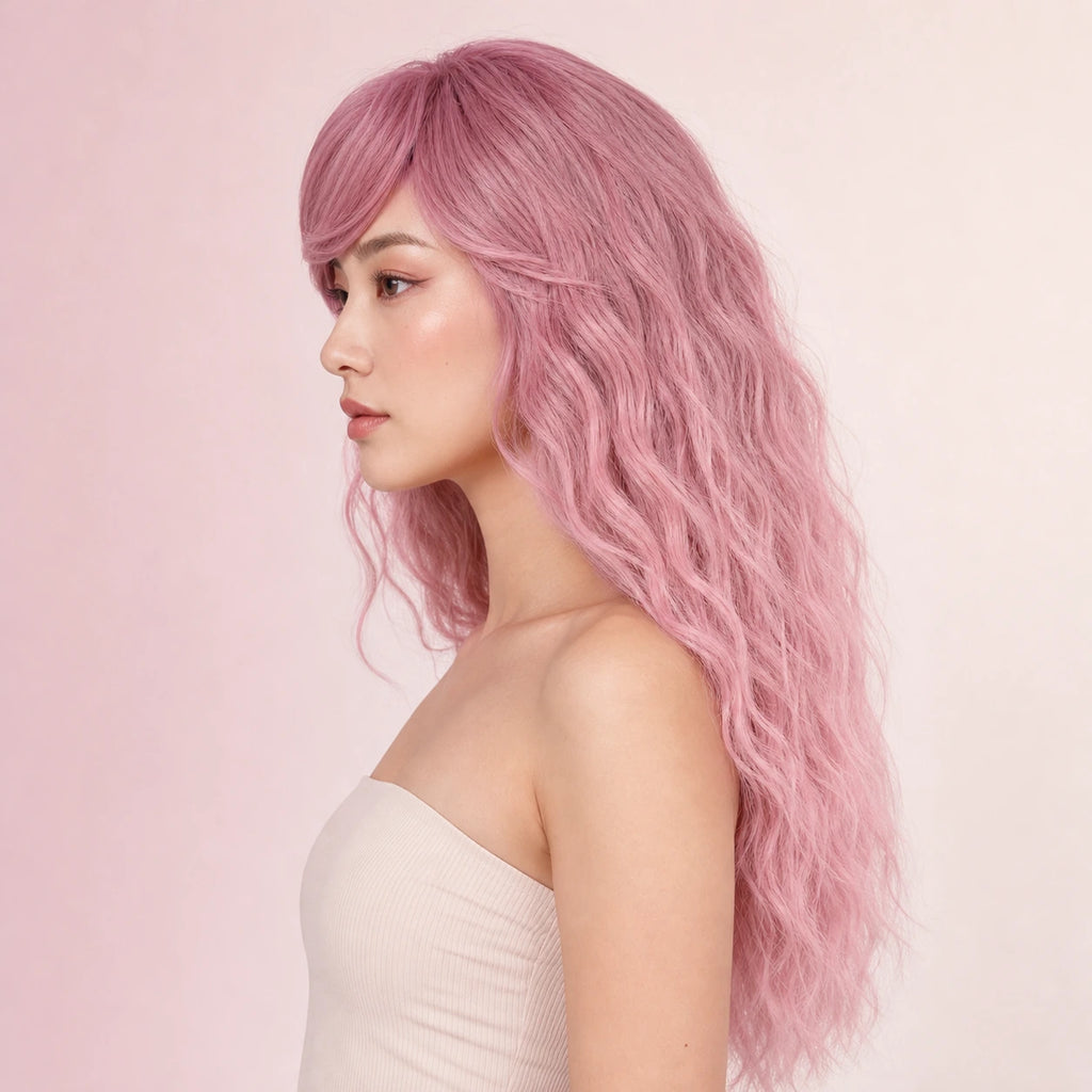 Side profile of the CosNova Rose Fade wig showing side-swept fringe and textured waves