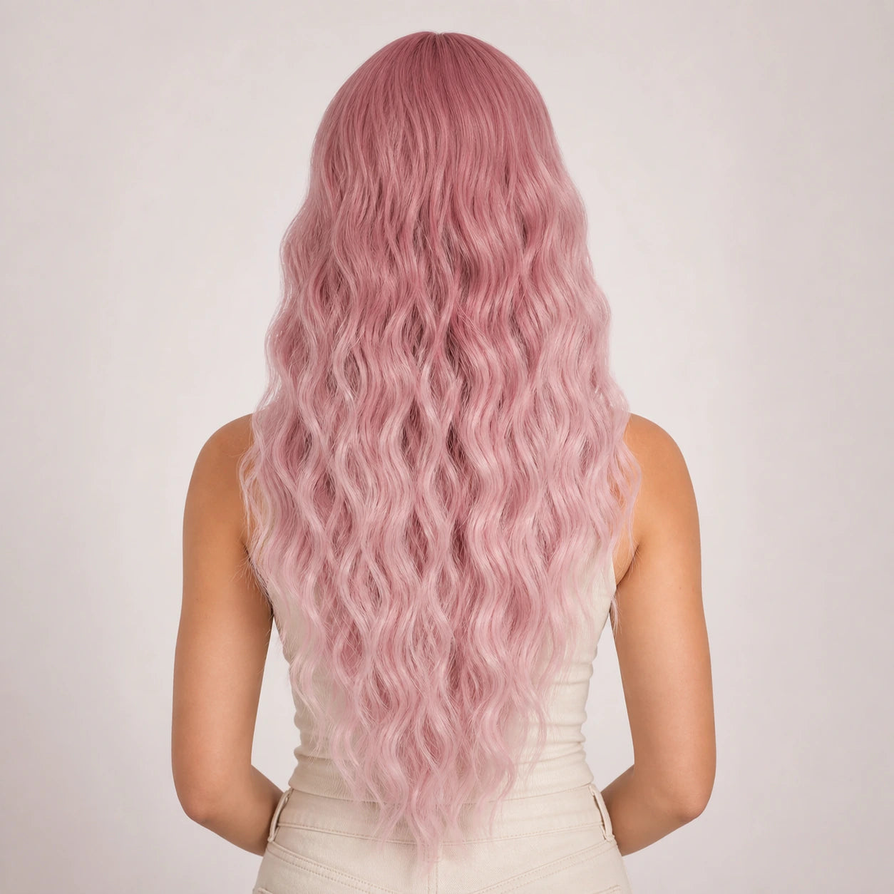 Back view of the CosNova Rose Fade long wig showing rose-to-pink gradient and density