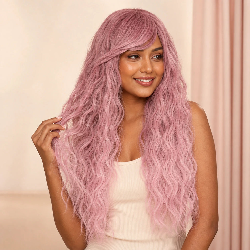 Original model finger-shaping the crimped waves of the CosNova Rose Fade wig
