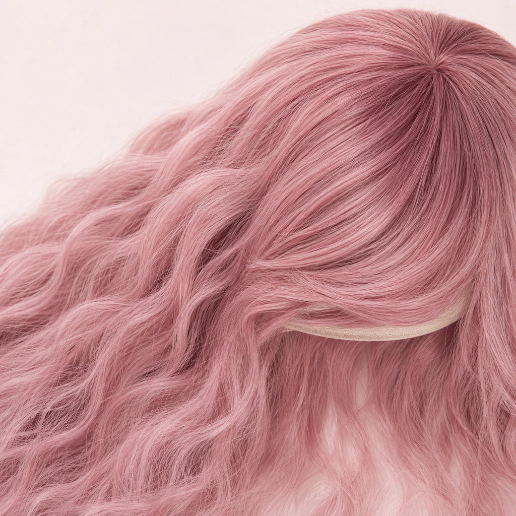 Macro detail of the CosNova Rose Fade wig crown, fringe fibers and crimped texture