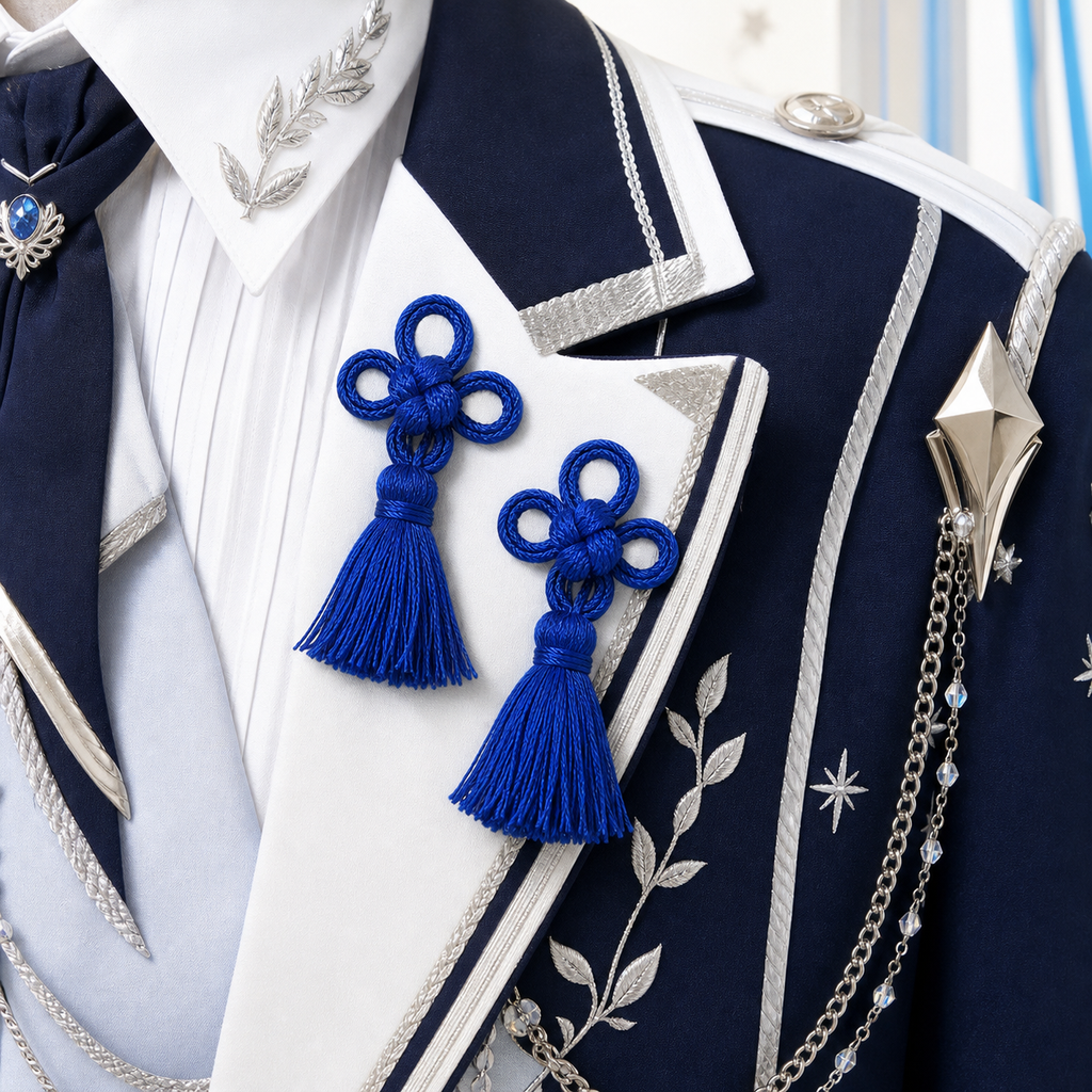 CosNova royal blue knotted tassel brooch pair pinned on navy and white idol-inspired cosplay jacket