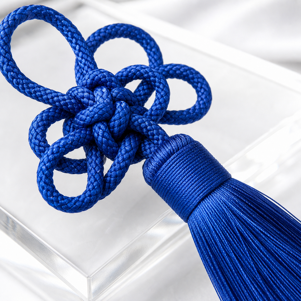 Macro detail of CosNova royal blue braided cord knot and silky tassel threads