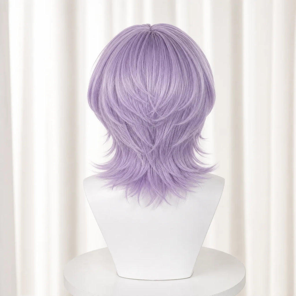 Back view of CosNova lavender purple short layered cosplay wig showing feathered nape