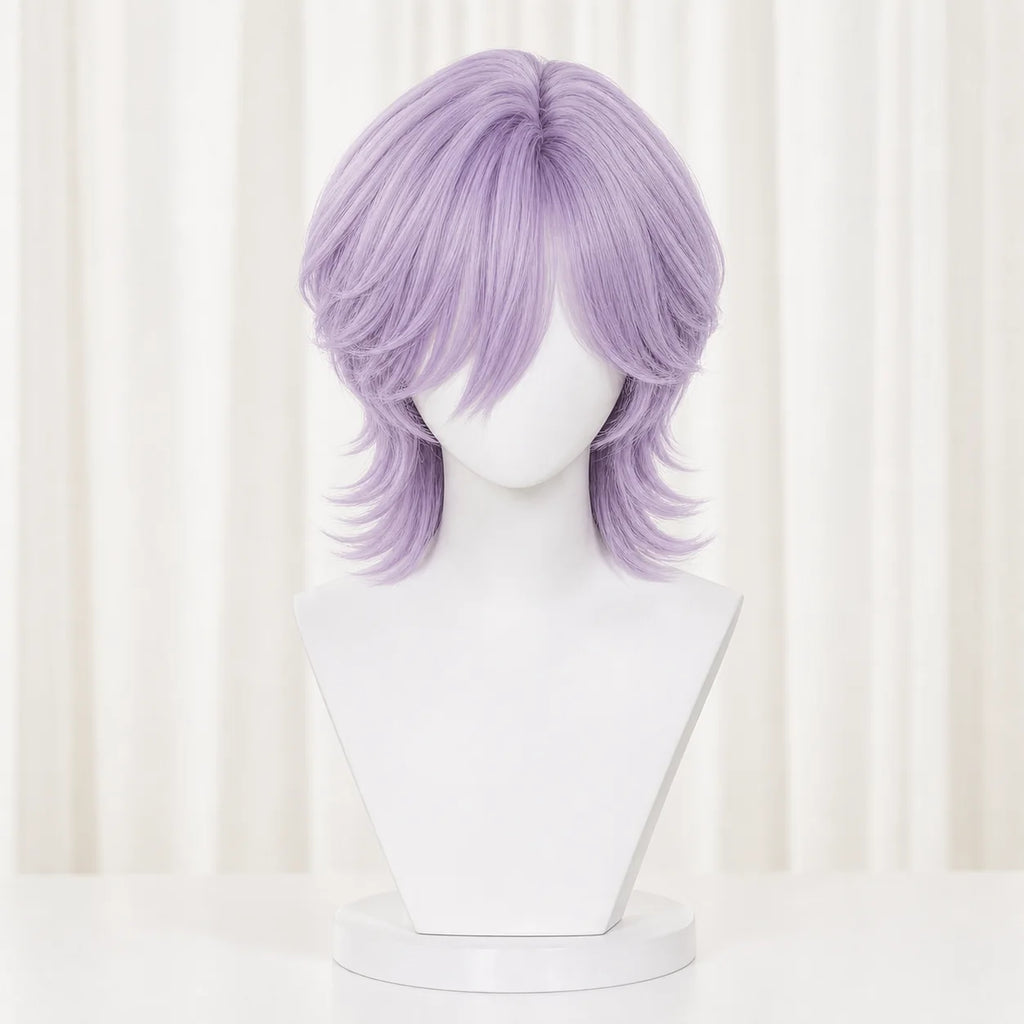 Front view of CosNova short lavender purple layered cosplay wig on mannequin