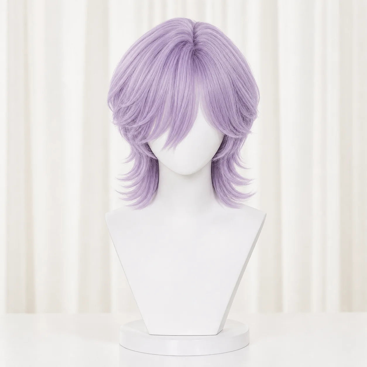 Front view of CosNova short lavender purple layered cosplay wig on mannequin