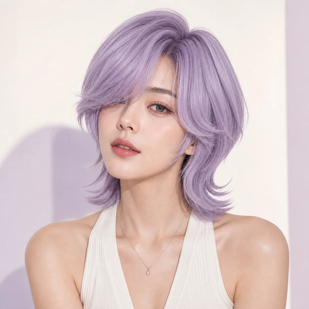 CosNova lavender purple short cosplay wig worn by adult model