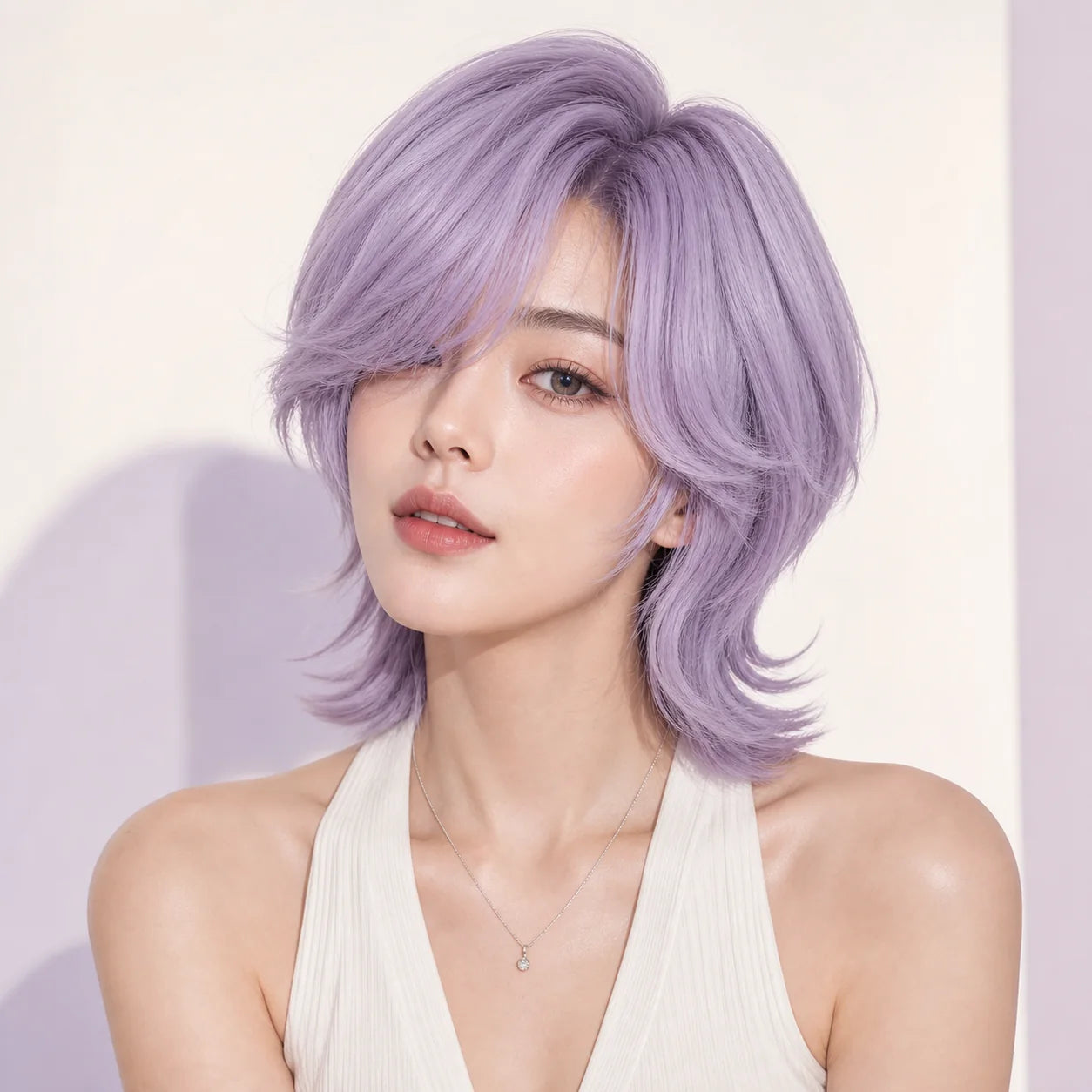 CosNova lavender purple short cosplay wig worn by adult model