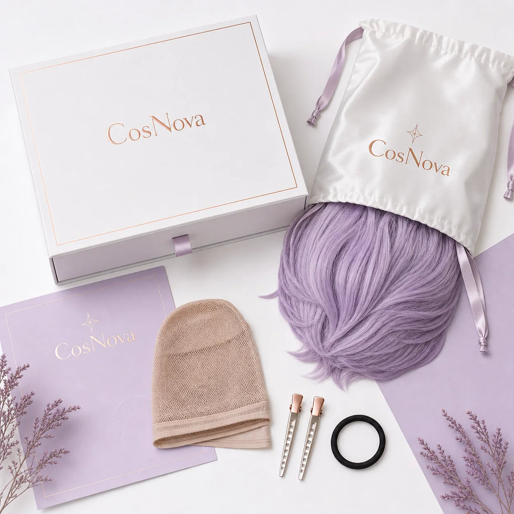 CosNova wig packaging with lavender cosplay wig, wig cap, clips, and hair tie