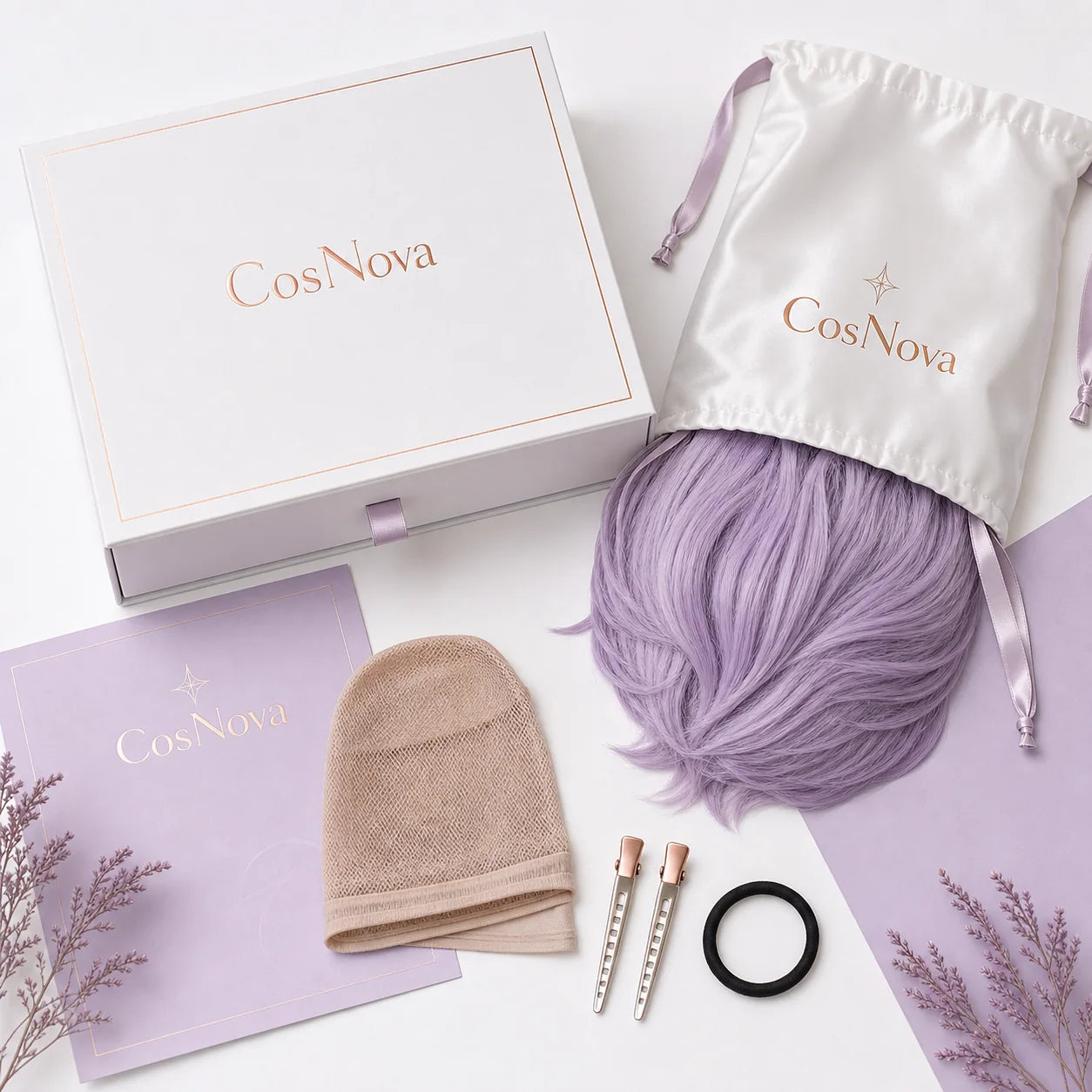 CosNova wig packaging with lavender cosplay wig, wig cap, clips, and hair tie