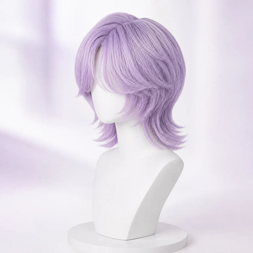 Side view of CosNova short lavender purple cosplay wig with swept fringe and flipped ends