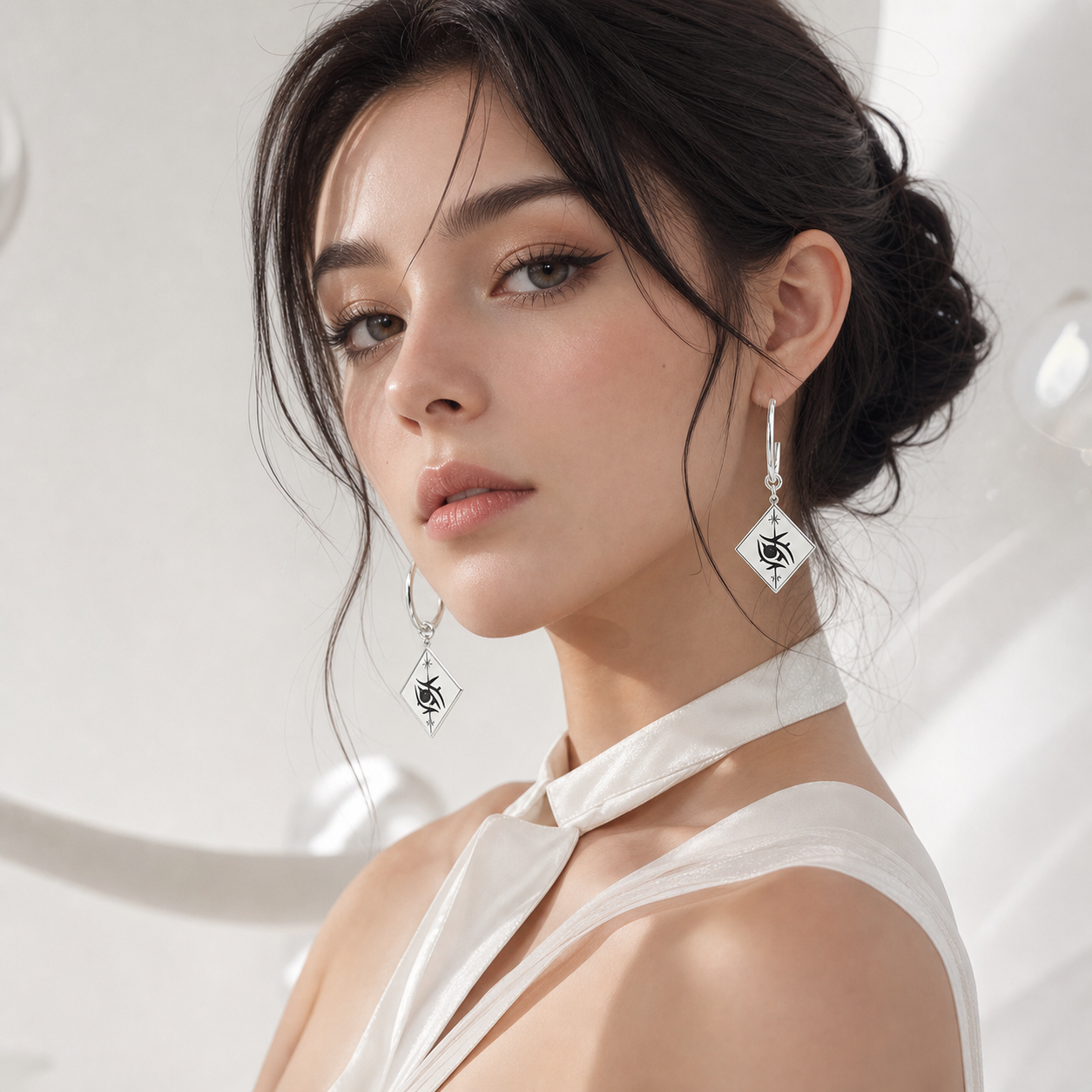 CosNova silver diamond eye hoop earrings worn by model in clean premium studio hero image
