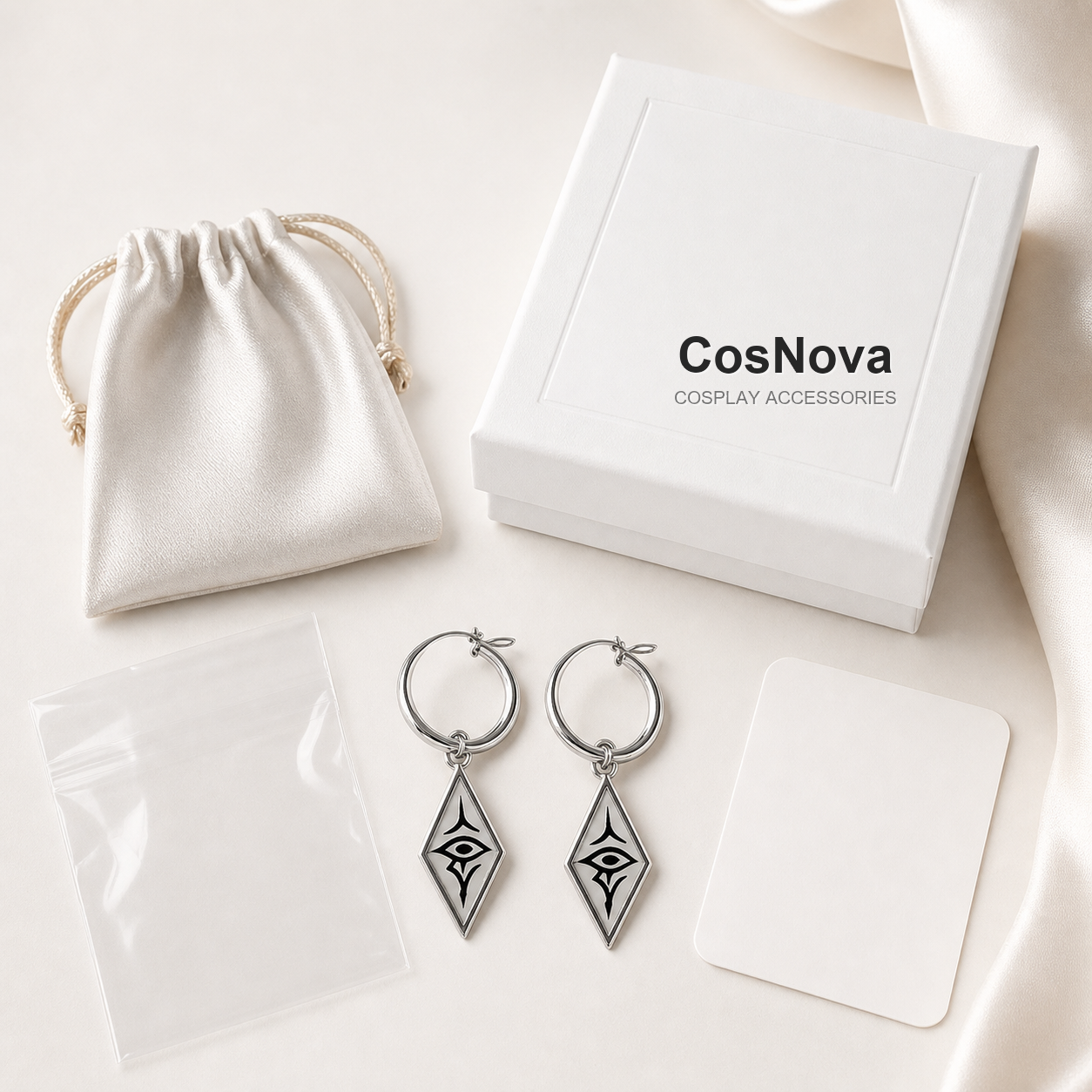 CosNova silver diamond eye hoop earrings with jewelry pouch box sleeve and care card
