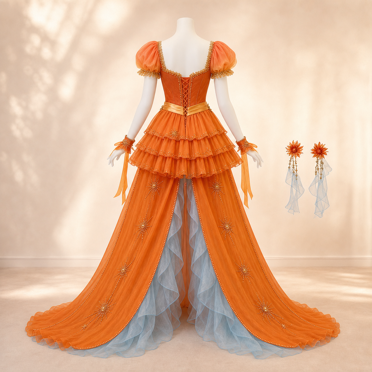 CosNova sunset ember festival gown back view with pale-blue lined train