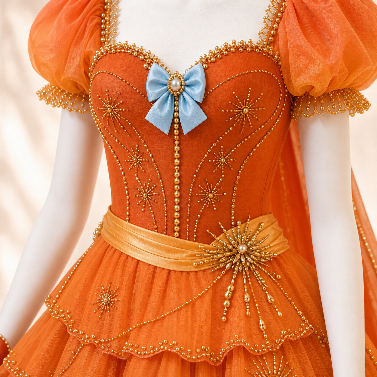 CosNova sunset ember festival gown corset and gold trim detail