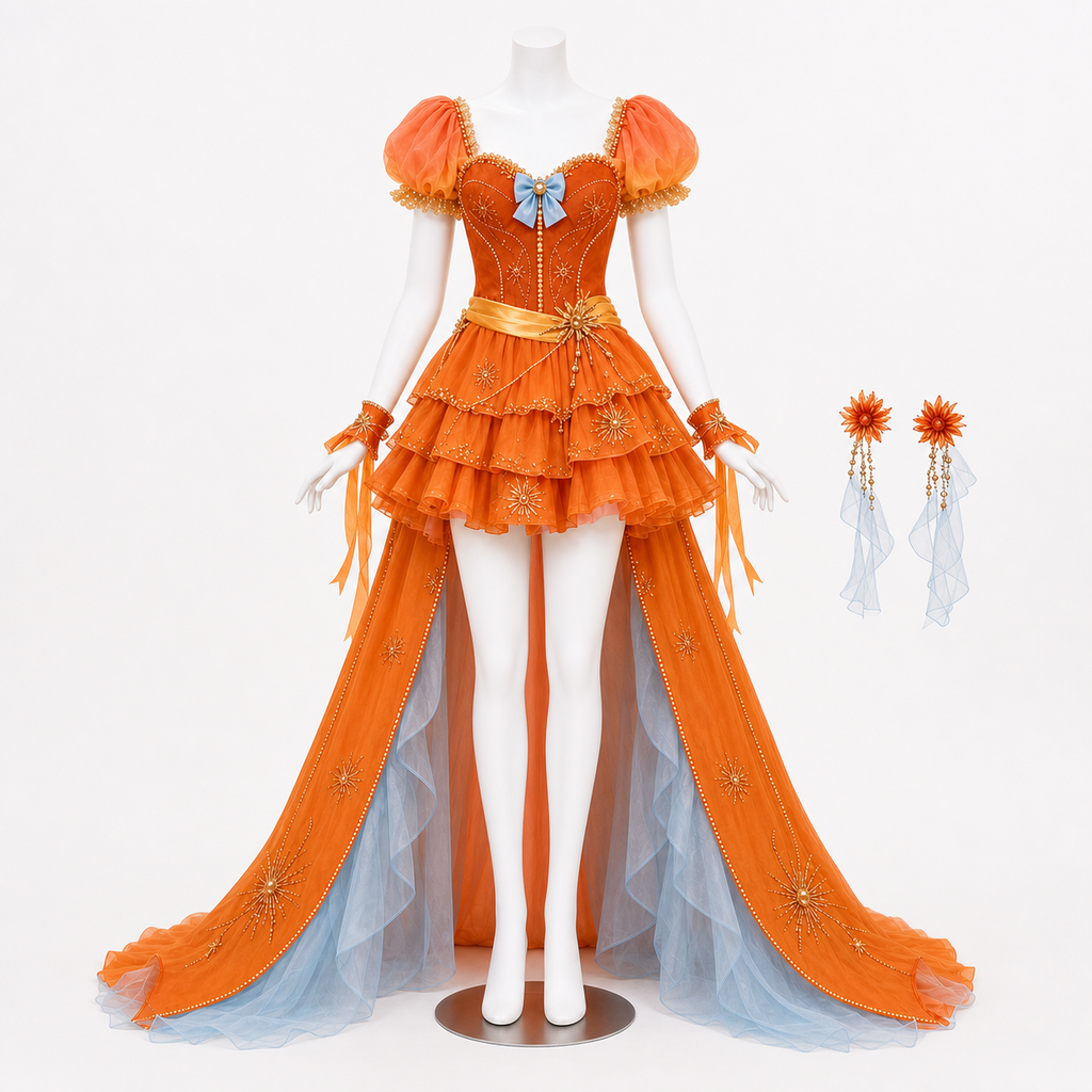 CosNova sunset ember festival gown front view with tiered skirt and train