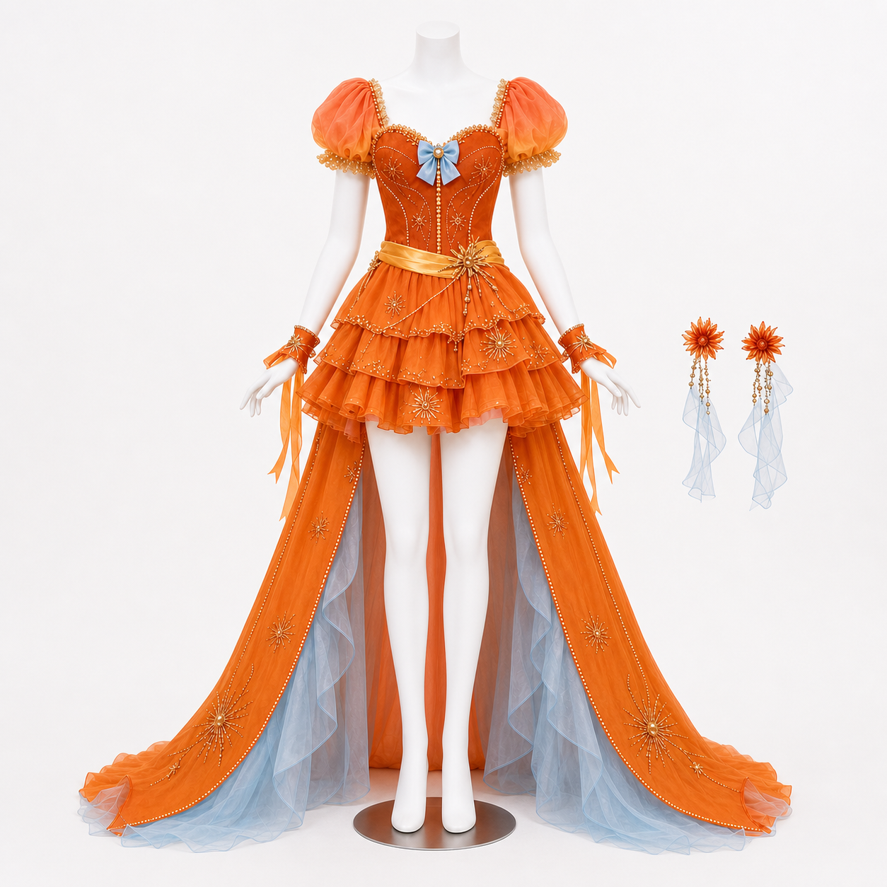 CosNova sunset ember festival gown front view with tiered skirt and train
