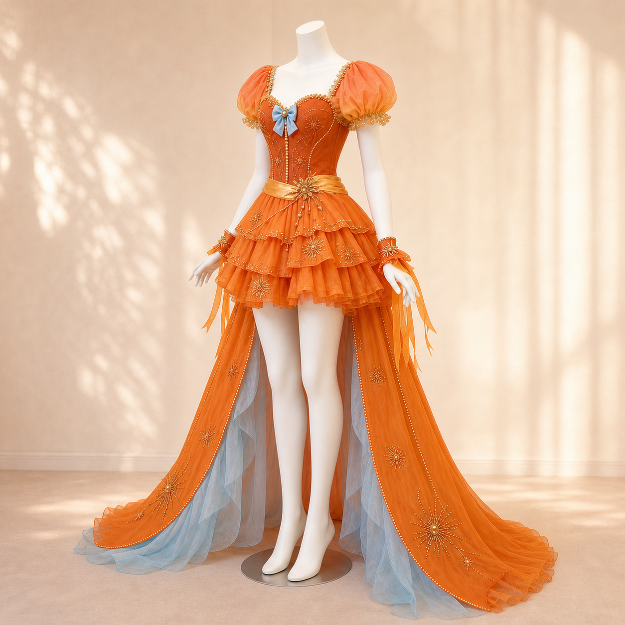 CosNova sunset ember festival gown side view showing layered train volume