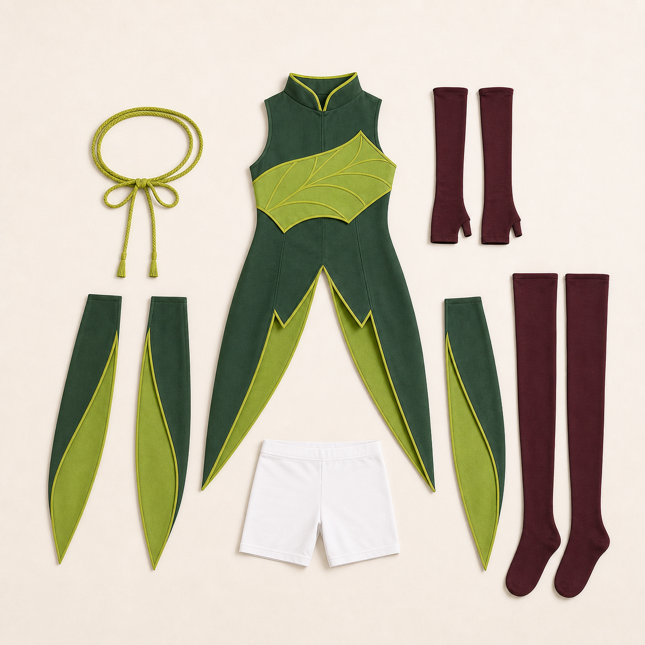 CosNova Verdant Vanguard costume included components flat lay