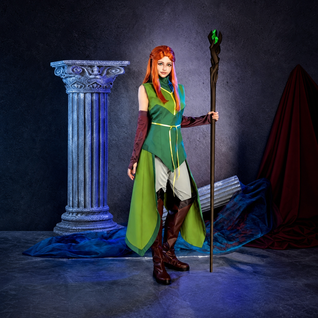 CosNova green fantasy cosplay costume worn by an adult red-haired model in a studio