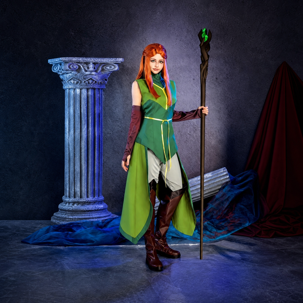 CosNova green fantasy cosplay costume worn by an adult red-haired model in a studio