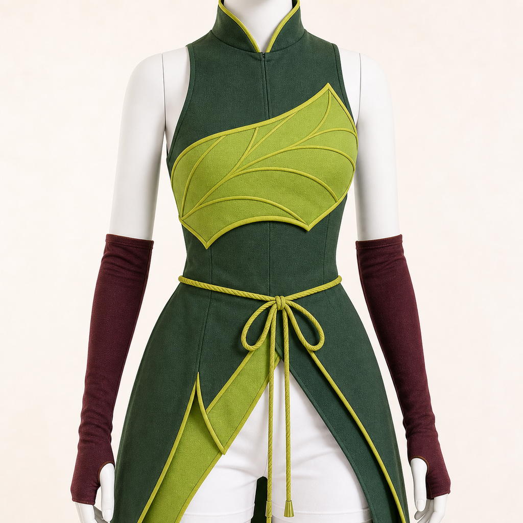 CosNova Verdant Vanguard costume close detail of cord belt and layered panels