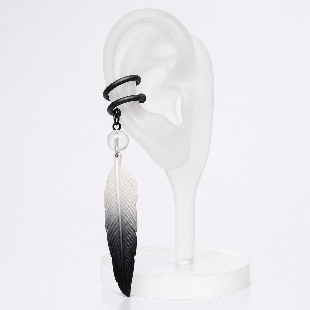 CosNova gradient feather ear cuff attached to an ear display without a piercing