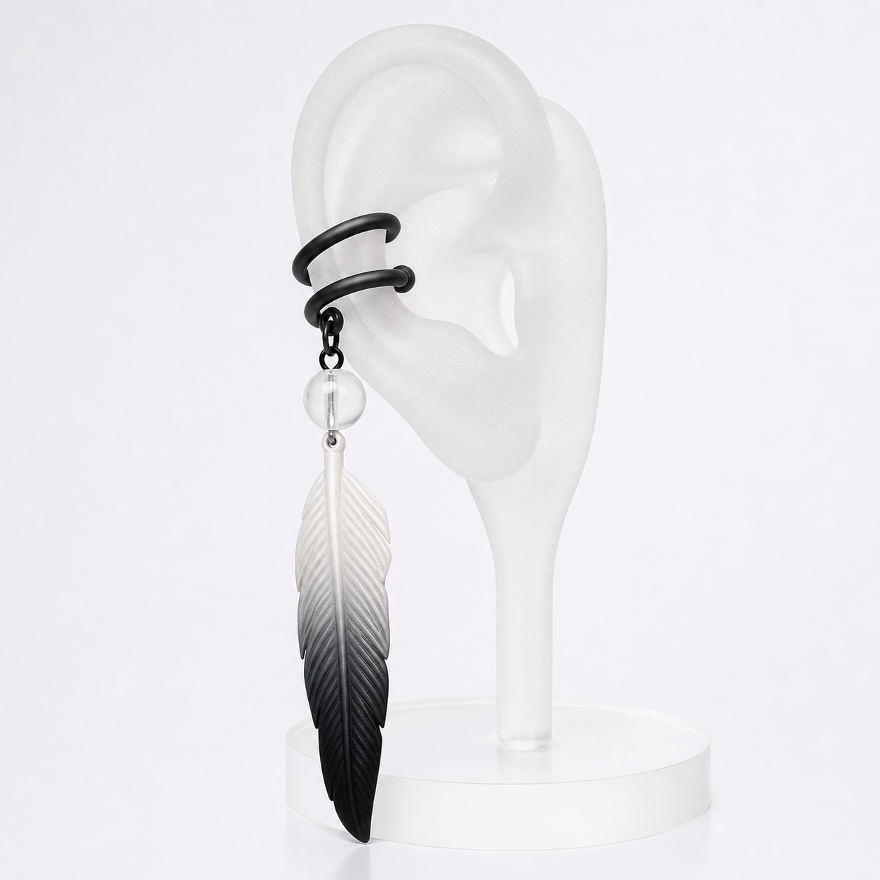 CosNova gradient feather ear cuff attached to an ear display without a piercing
