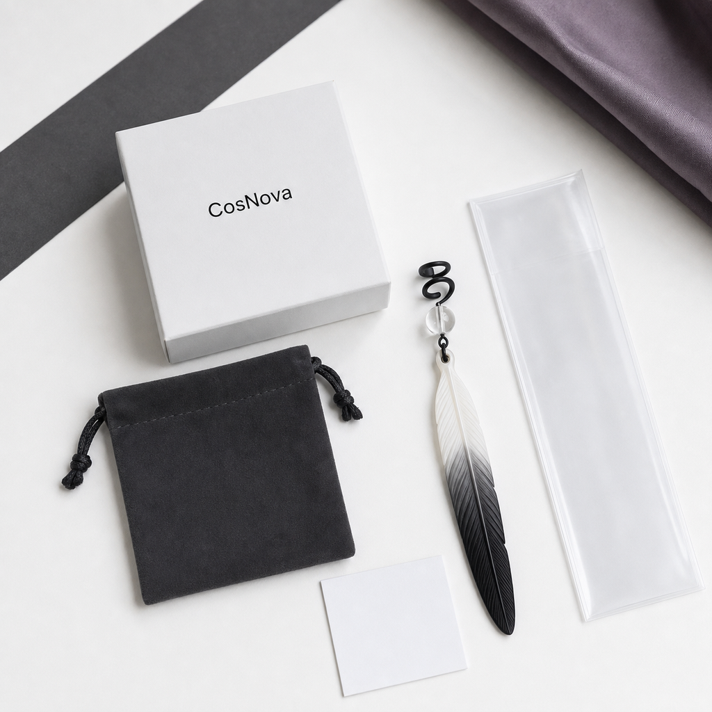 CosNova gradient feather ear cuff with protective sleeve microfiber pouch box and care card