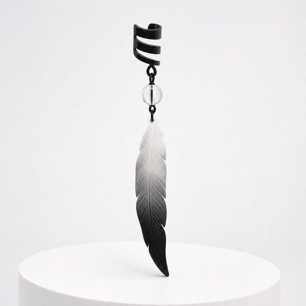 CosNova non-pierced feather ear cuff with black spiral clamp clear bead and white-to-black resin pendant
