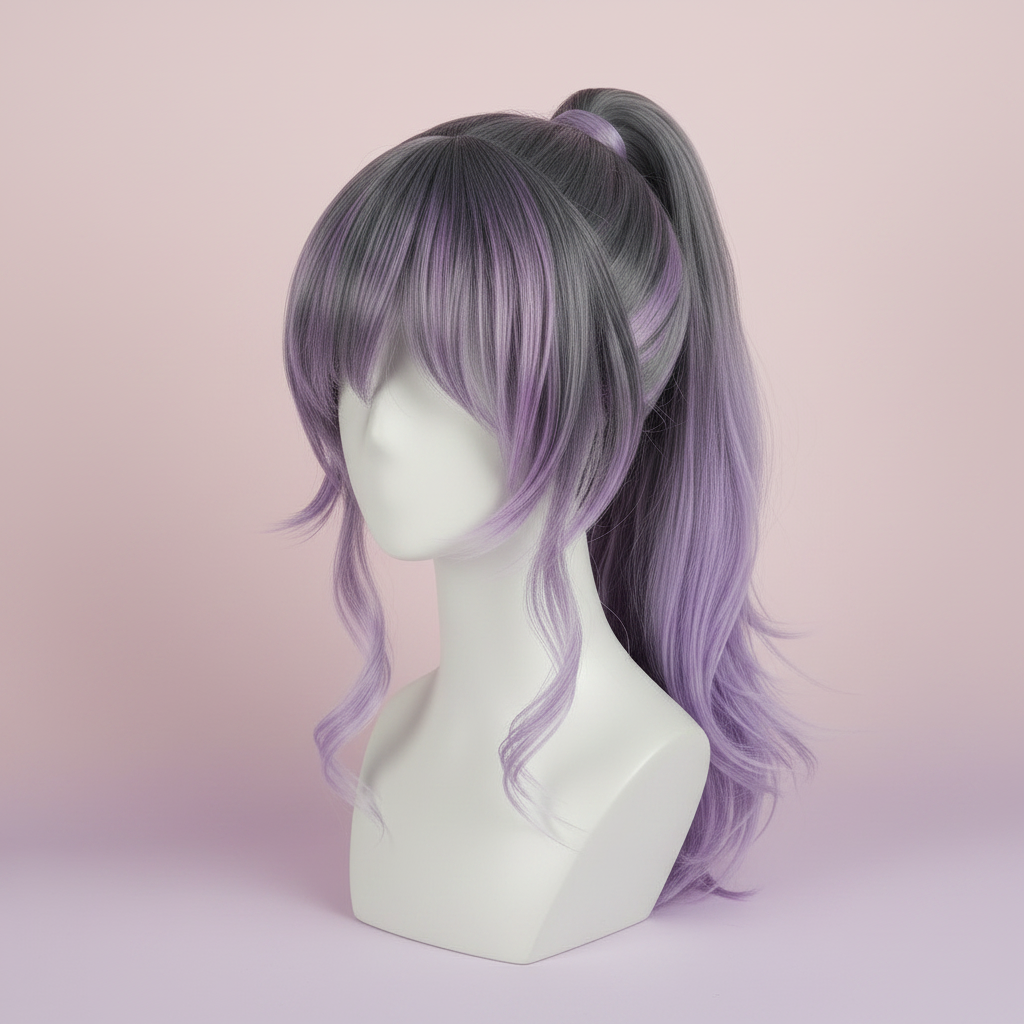 wolf tail cosplay wig grey purple gradient long ponytail heat resistant anime hair product