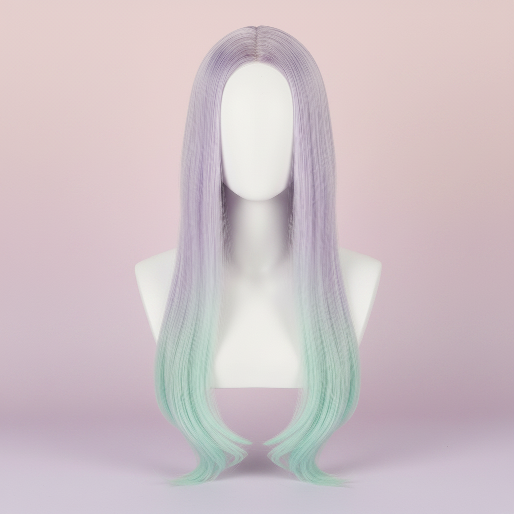 ombre gradient long cosplay wig lavender to mint heat resistant anime hair product