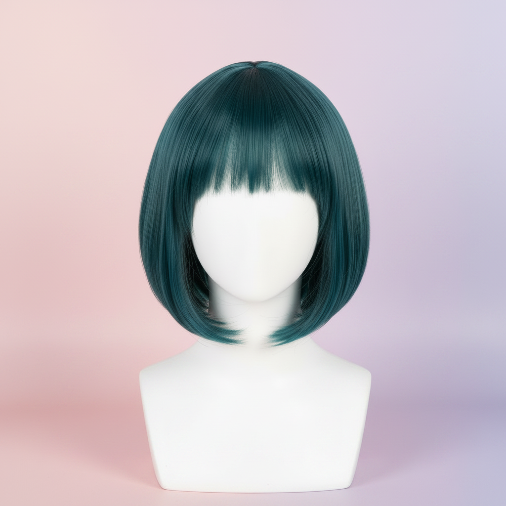 teal short bob cosplay wig blunt bangs heat resistant anime hair product