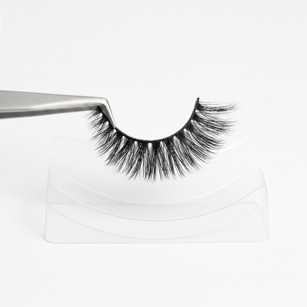 False eyelashes held with tweezers showing flexible band