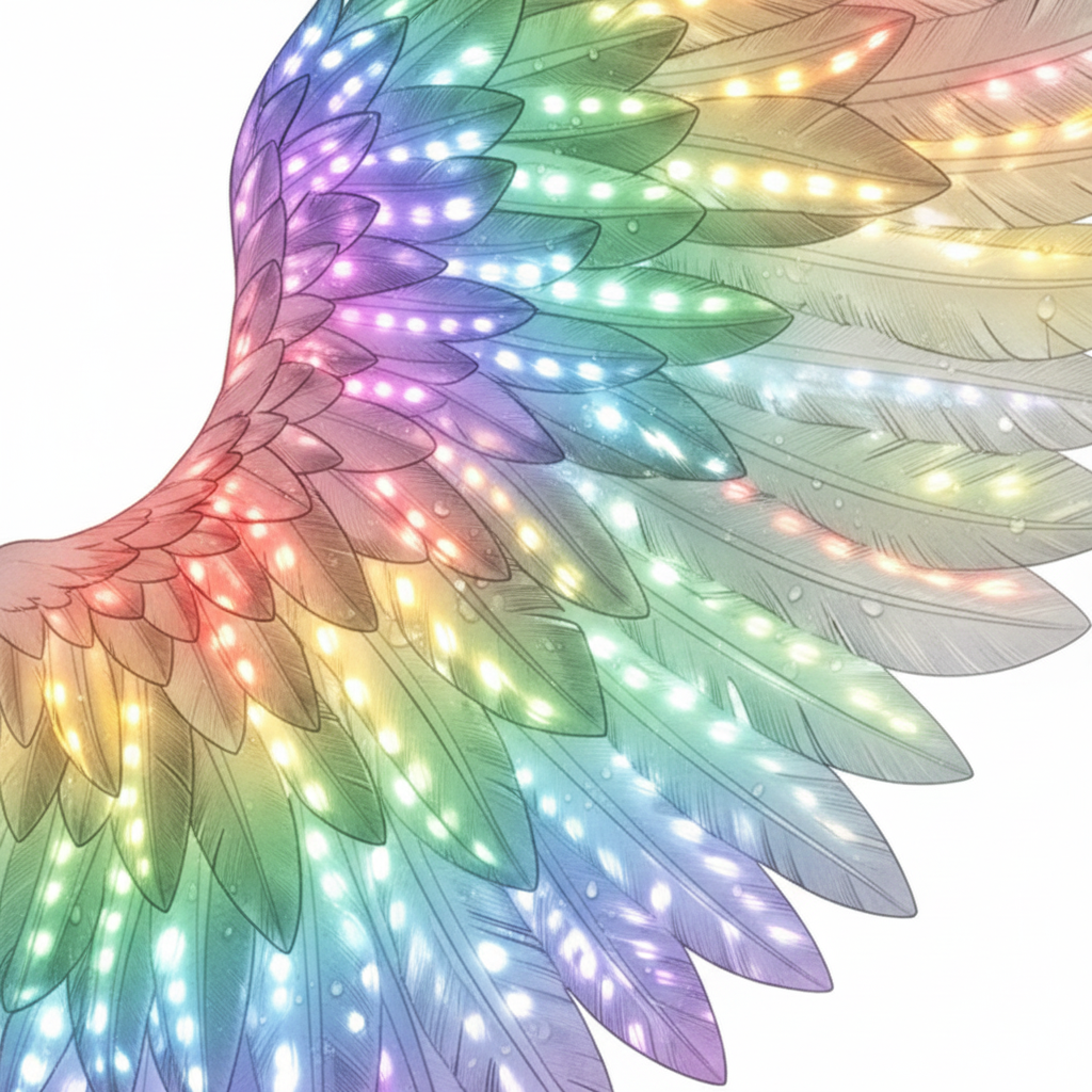 Close-up of glowing LED feathers on cosplay wings
