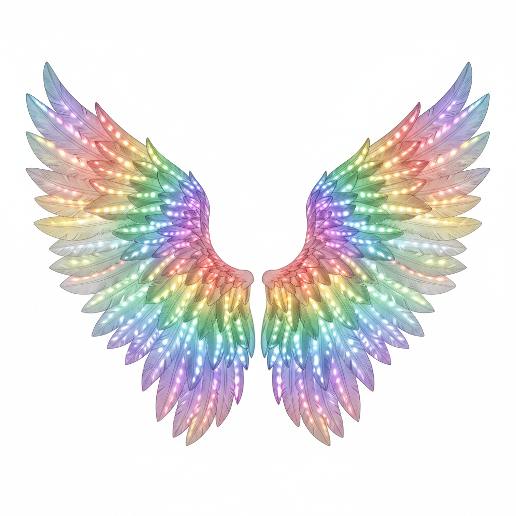 Rainbow LED light-up cosplay wings glowing on white background