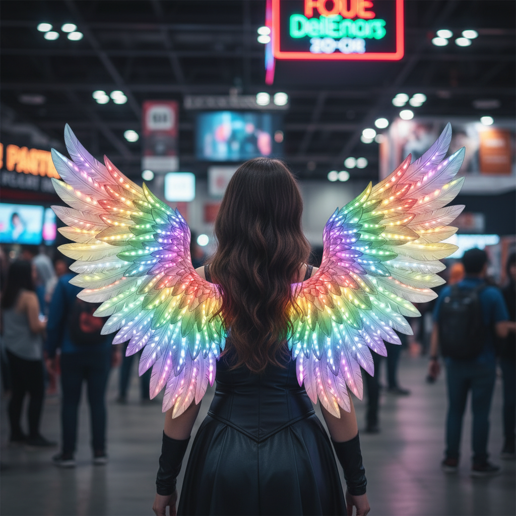 Back view of model wearing illuminated rainbow LED cosplay wings spread open