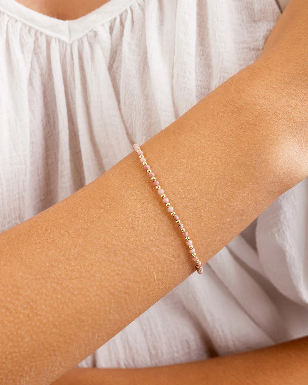 Natural Gemstone Beaded Bracelet - Rhodochrosite - Compassion worn on wrist