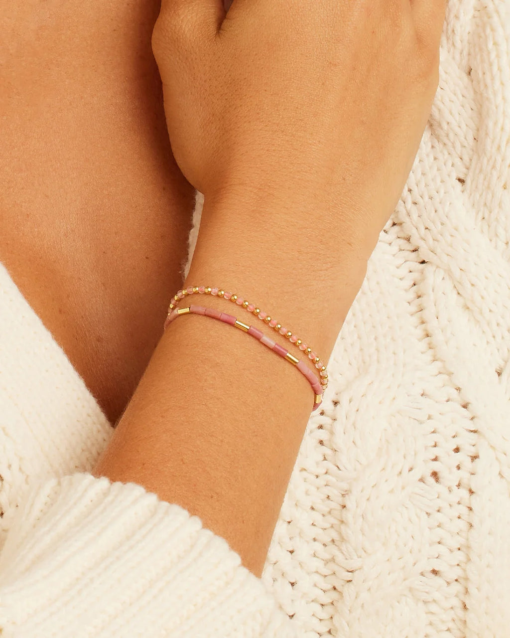 Natural Gemstone Beaded Bracelet - Rose Quartz - Love worn on wrist