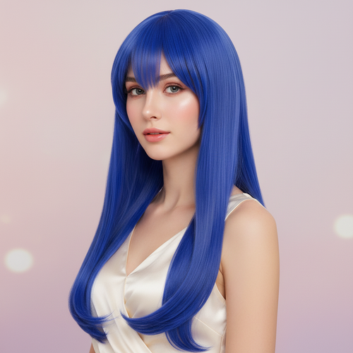 Model showcasing cobalt blue long straight cosplay wig 40 heat resistant anime costume hair