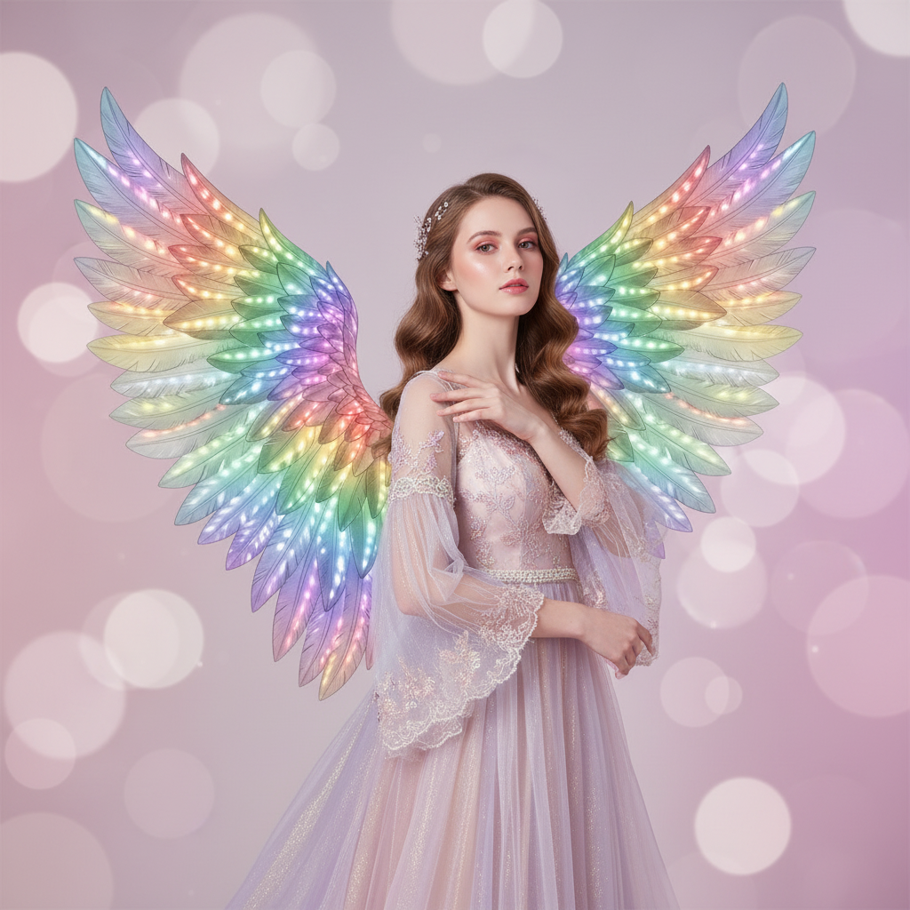 Model showcasing led light up cosplay wings rainbow glow angel fairy costume wings rechargeable
