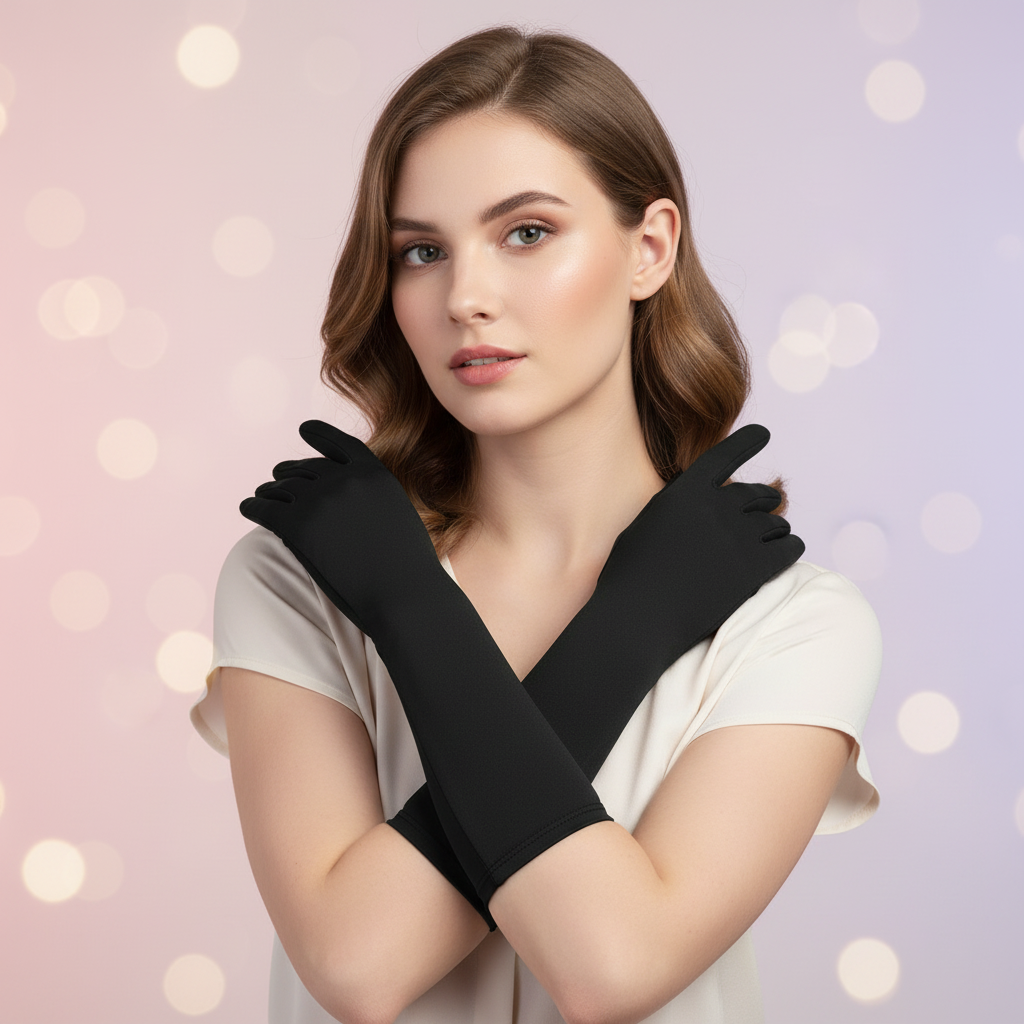 Model showcasing cosplay costume gloves elbow length black gloves for anime costumes