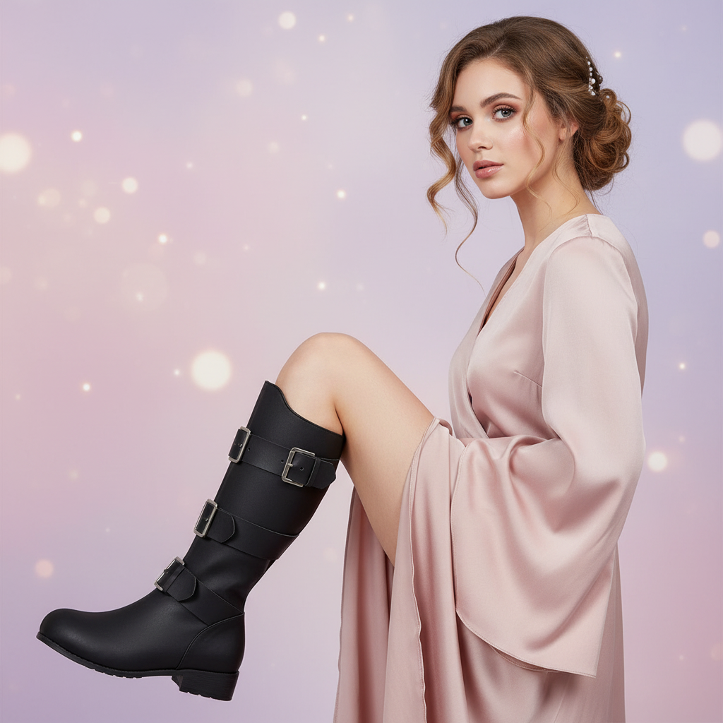 Model showcasing cosplay boot covers black costume spats shoe covers one size