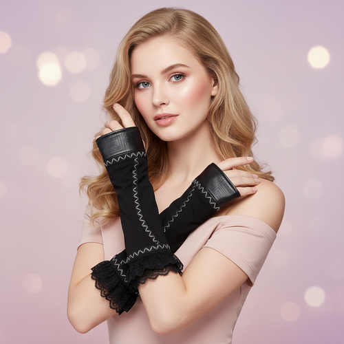 Model showcasing cosplay arm warmers black fingerless costume sleeves one size pair