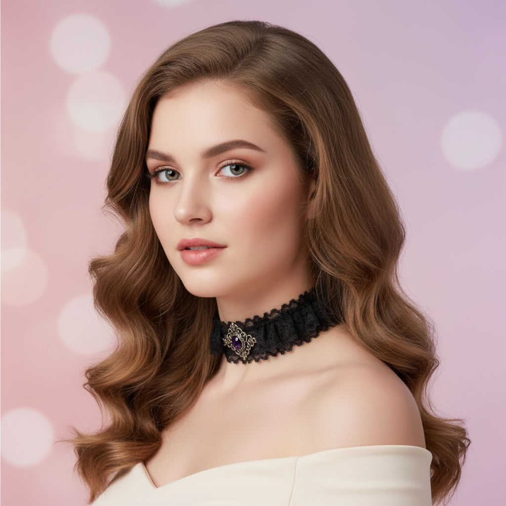 Model showcasing lace cosplay choker black gothic choker necklace with pendant