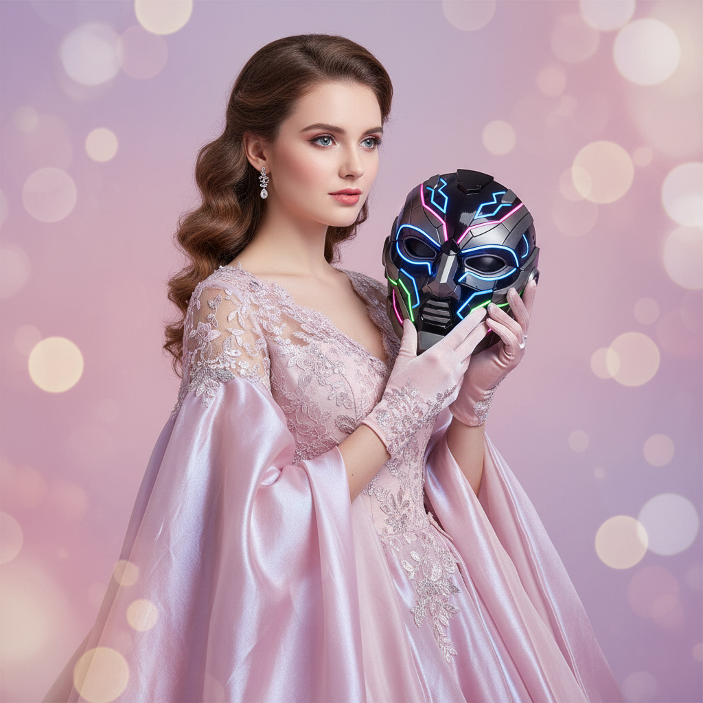 Model showcasing led light up cosplay mask glowing cyberpunk rave mask rechargeable