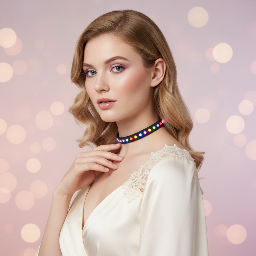Model showcasing led glow cosplay choker light up collar necklace color changing