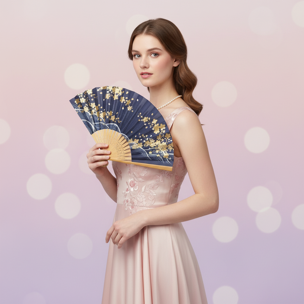 Model showcasing folding cosplay hand fan elegant pleated sensu fan for costume dance