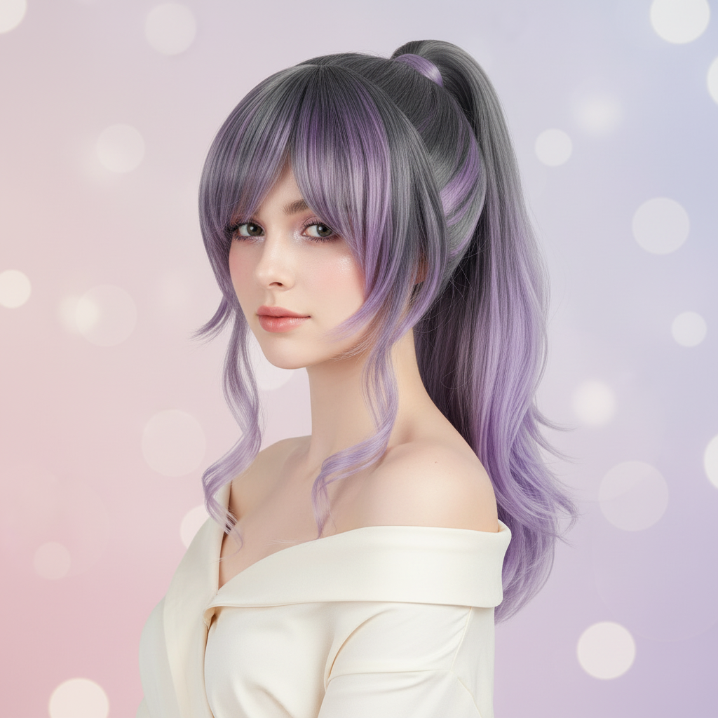 Model showcasing wolf tail cosplay wig grey purple gradient long ponytail heat resistant anime hair