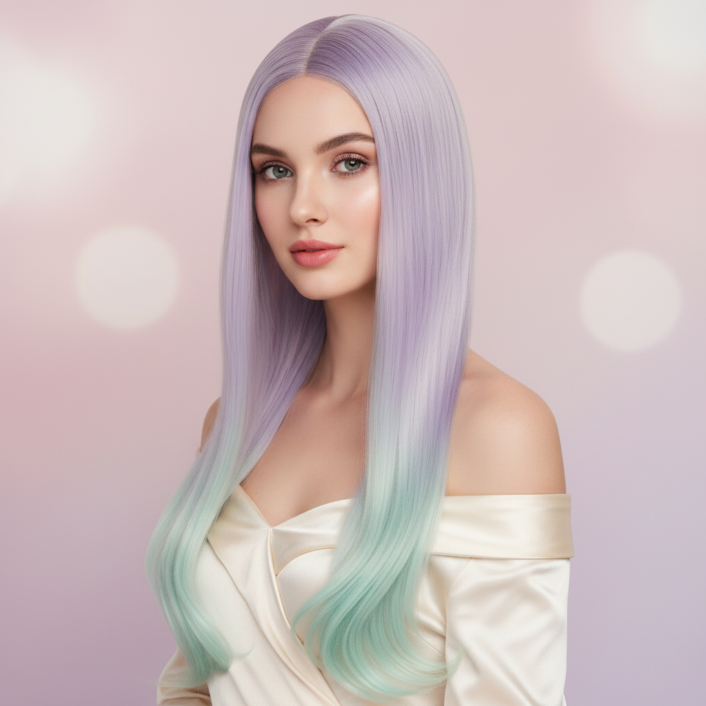 Model showcasing ombre gradient long cosplay wig lavender to mint heat resistant anime hair
