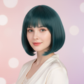 Model showcasing teal short bob cosplay wig blunt bangs heat resistant anime hair